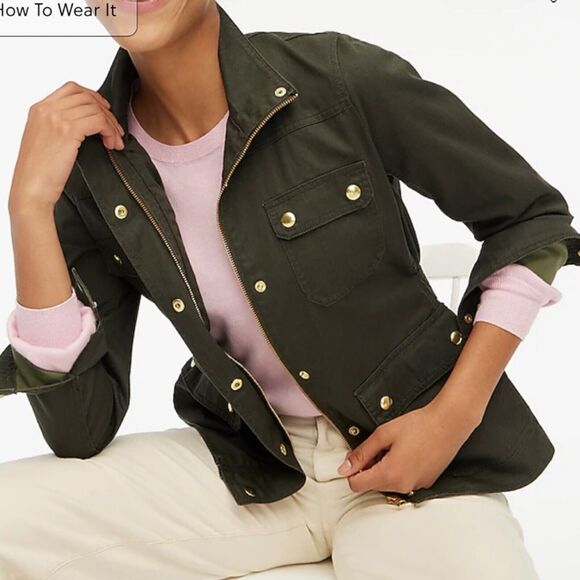 J. Crew Factory Resin Coated Twill Field Jacket Mossy Brown Petite Large‎ AL227 - Picture 9 of 10